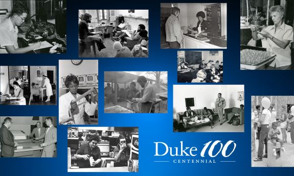 A collage of images of old Duke staff and faculty