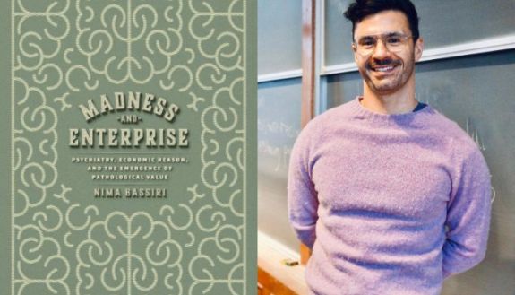 Madness and Enterprise book cover on the left and Nima Bassiri on the right